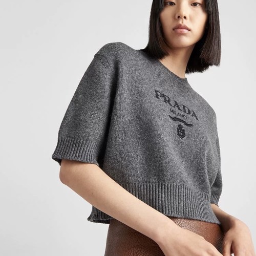 NIGO Prada Women's Summer Solid Color Logo Print Round Neck Wool Knit Short Sleeve Sweater T-Shirt #nigo75581