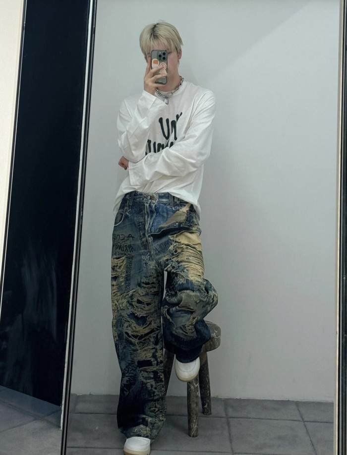 NIGO Acne Studios Men's Spring And Summer Ripped Graffiti Mise-en-scène Effect Print Denim Pants Super Loose Fit Jeans Fashion High Street Casual Blue Straight Trousers Ngvp #nigo1186