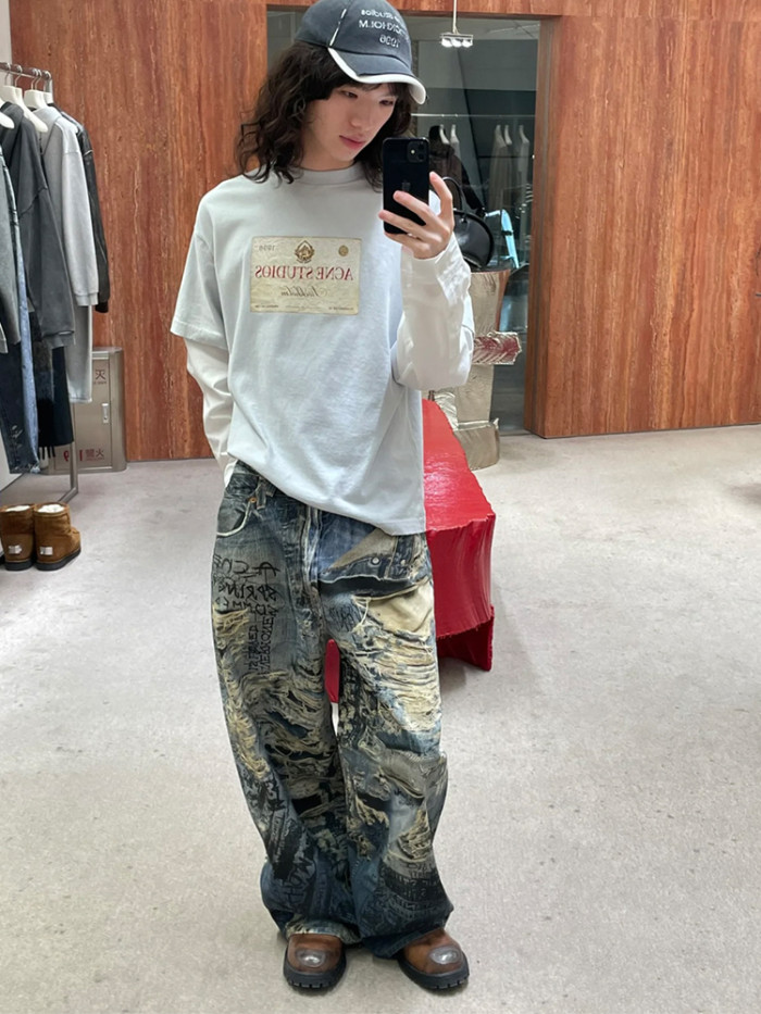 NIGO Acne Studios Men's Spring And Summer Ripped Graffiti Mise-en-scène Effect Print Denim Pants Super Loose Fit Jeans Fashion High Street Casual Blue Straight Trousers Ngvp #nigo1186