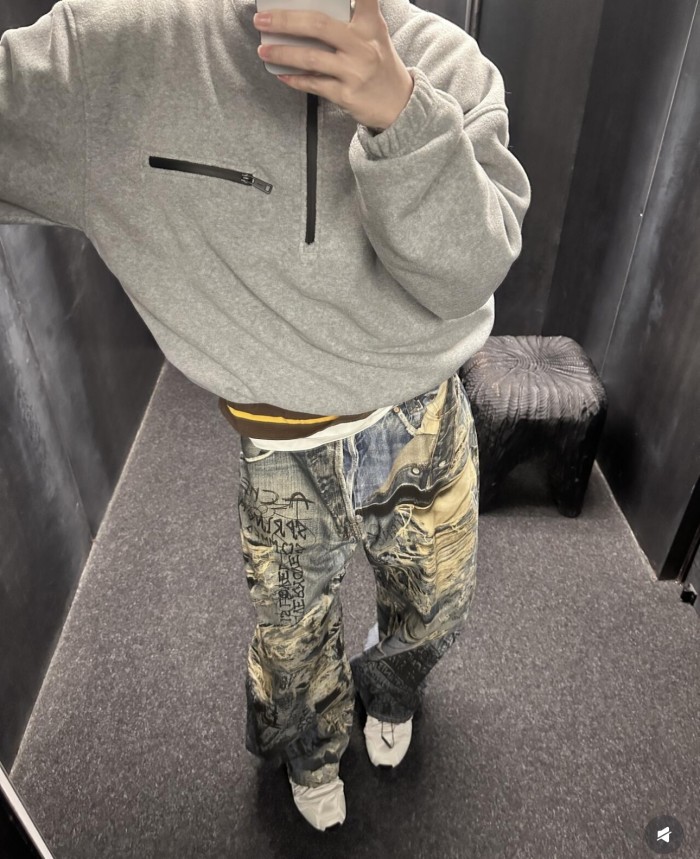 NIGO Acne Studios Men's Spring And Summer Ripped Graffiti Mise-en-scène Effect Print Denim Pants Super Loose Fit Jeans Fashion High Street Casual Blue Straight Trousers Ngvp #nigo1186