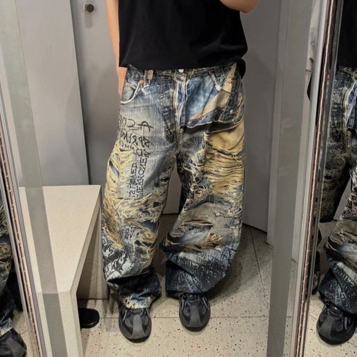 NIGO Acne Studios Men's Spring And Summer Ripped Graffiti Mise-en-scène Effect Print Denim Pants Super Loose Fit Jeans Fashion High Street Casual Blue Straight Trousers Ngvp #nigo1186