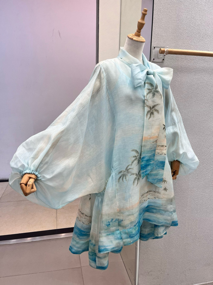 NIGO Zimmermann Women's Summer Blue Beach Pattern Printed Flutter Design Long Sleeve Dress #nigo75612