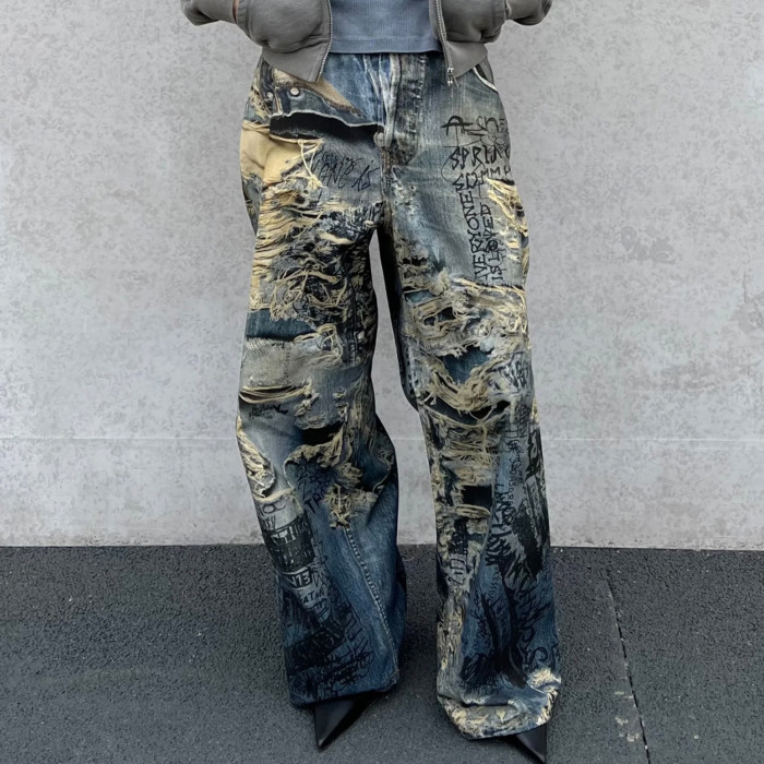 NIGO Acne Studios Men's Spring And Summer Ripped Graffiti Mise-en-scène Effect Print Denim Pants Super Loose Fit Jeans Fashion High Street Casual Blue Straight Trousers Ngvp #nigo1186