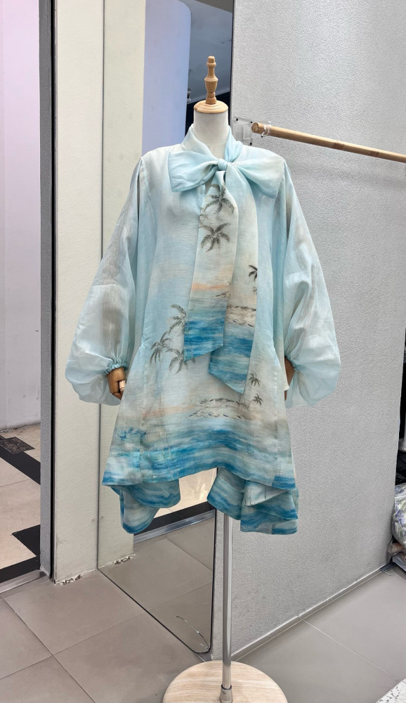 NIGO Zimmermann Women's Summer Blue Beach Pattern Printed Flutter Design Long Sleeve Dress #nigo75612