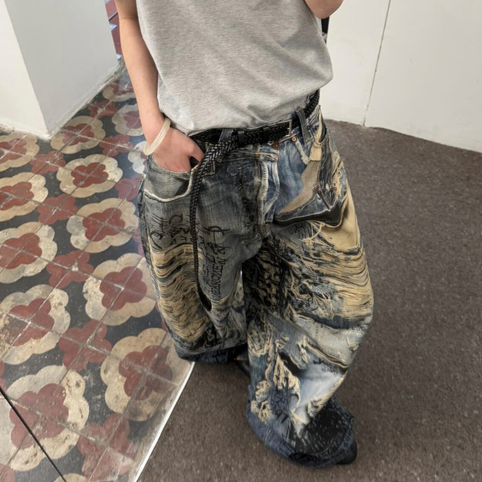 NIGO Acne Studios Men's Spring And Summer Ripped Graffiti Mise-en-scène Effect Print Denim Pants Super Loose Fit Jeans Fashion High Street Casual Blue Straight Trousers Ngvp #nigo1186