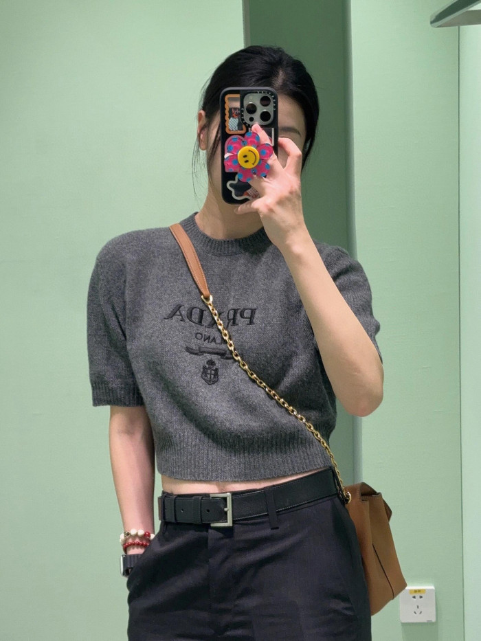 NIGO Prada Women's Summer Solid Color Logo Print Round Neck Wool Knit Short Sleeve Sweater T-Shirt #nigo75581