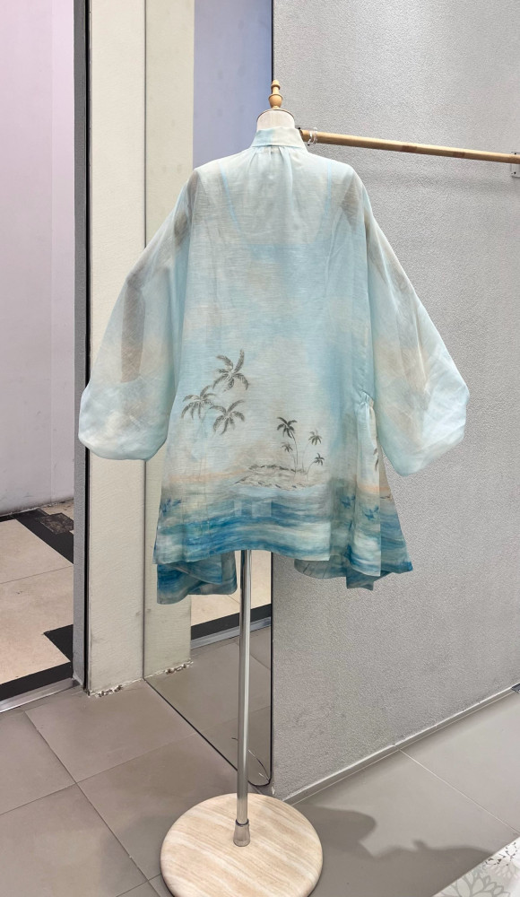 NIGO Zimmermann Women's Summer Blue Beach Pattern Printed Flutter Design Long Sleeve Dress #nigo75612