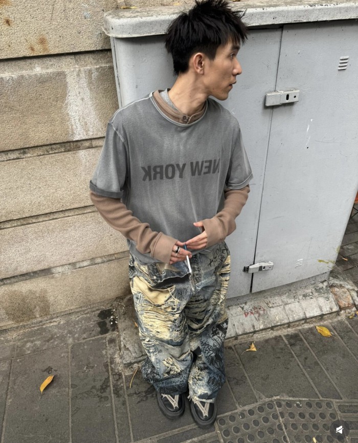 NIGO Acne Studios Men's Spring And Summer Ripped Graffiti Mise-en-scène Effect Print Denim Pants Super Loose Fit Jeans Fashion High Street Casual Blue Straight Trousers Ngvp #nigo1186