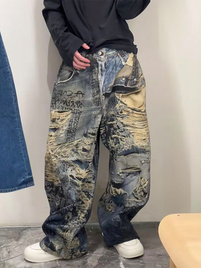 NIGO Acne Studios Men's Spring And Summer Ripped Graffiti Mise-en-scène Effect Print Denim Pants Super Loose Fit Jeans Fashion High Street Casual Blue Straight Trousers Ngvp #nigo1186