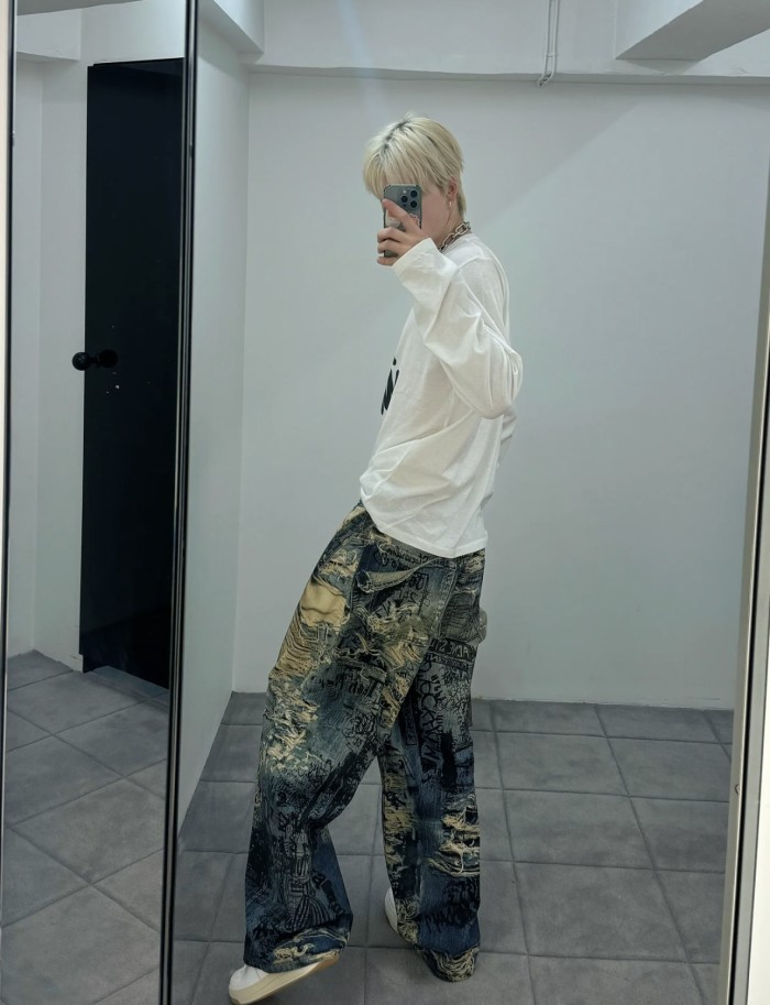 NIGO Acne Studios Men's Spring And Summer Ripped Graffiti Mise-en-scène Effect Print Denim Pants Super Loose Fit Jeans Fashion High Street Casual Blue Straight Trousers Ngvp #nigo1186