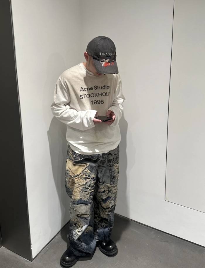 NIGO Acne Studios Men's Spring And Summer Ripped Graffiti Mise-en-scène Effect Print Denim Pants Super Loose Fit Jeans Fashion High Street Casual Blue Straight Trousers Ngvp #nigo1186