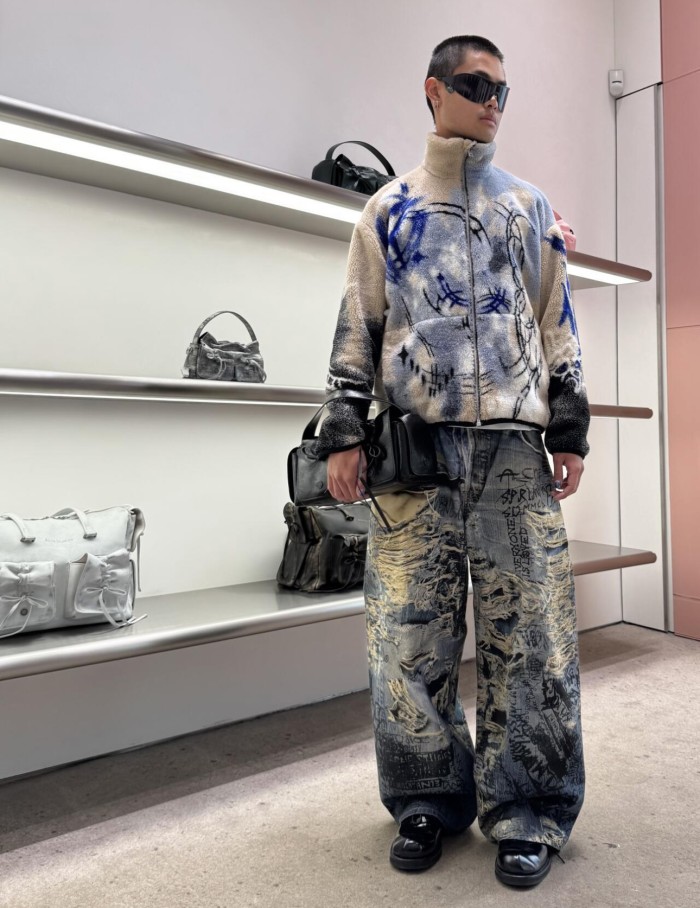 NIGO Acne Studios Men's Spring And Summer Ripped Graffiti Mise-en-scène Effect Print Denim Pants Super Loose Fit Jeans Fashion High Street Casual Blue Straight Trousers Ngvp #nigo1186