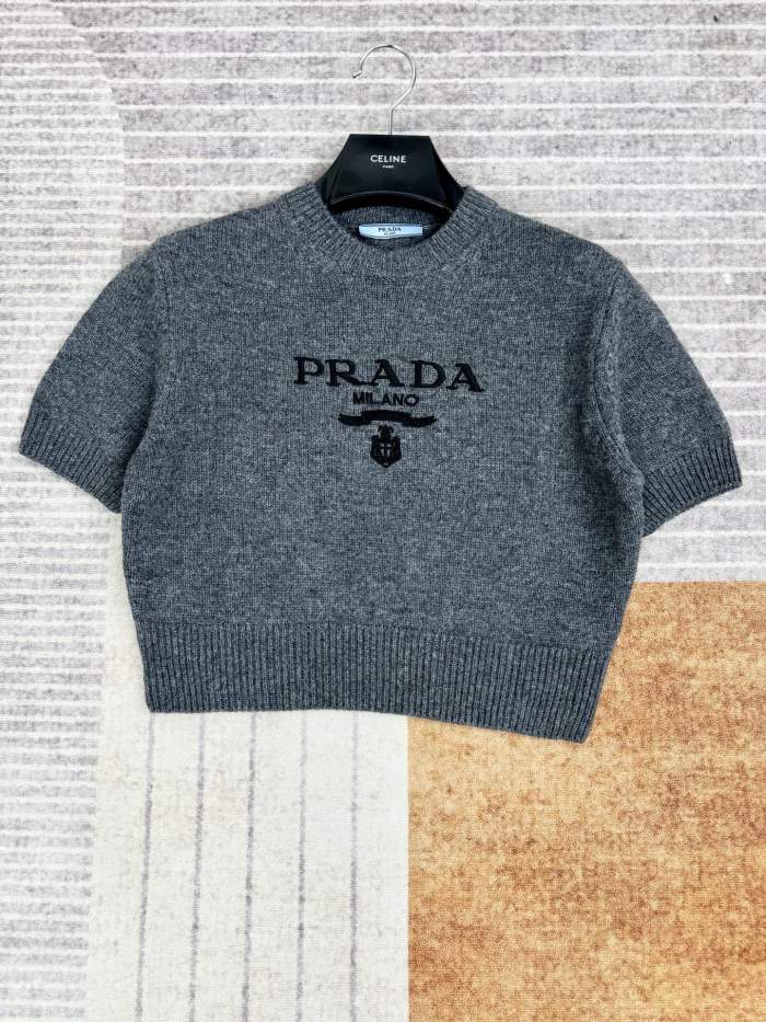 NIGO Prada Women's Summer Solid Color Logo Print Round Neck Wool Knit Short Sleeve Sweater T-Shirt #nigo75581