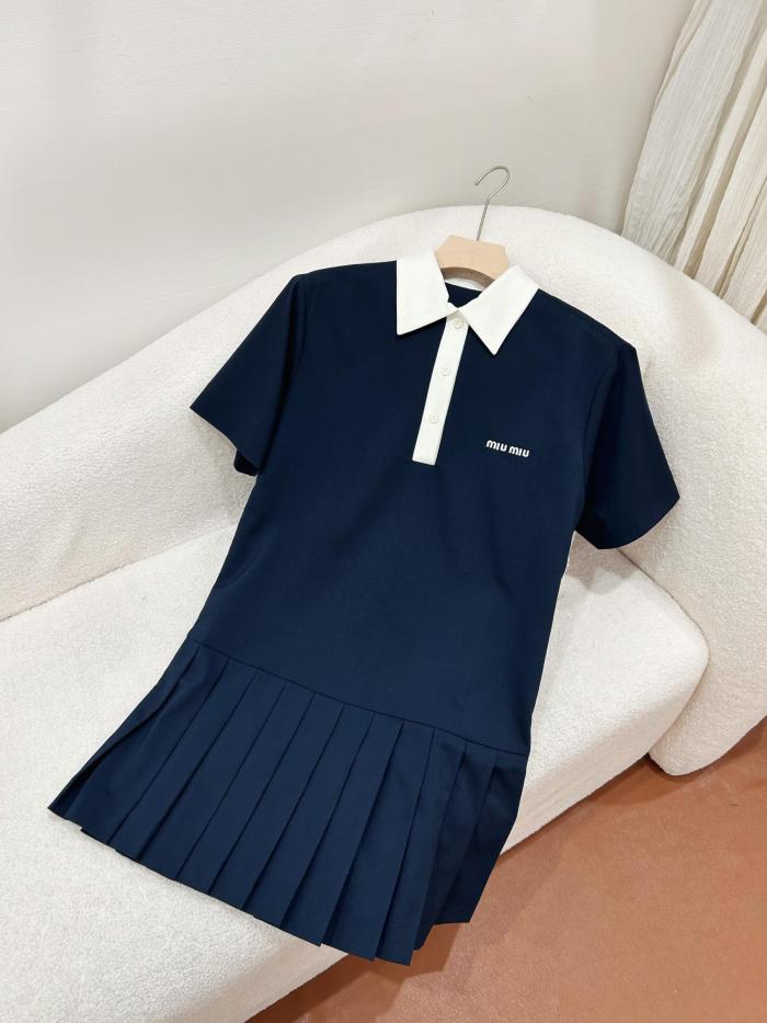 NIGO MiuMiu Women's Summer Solid Color Logo Embroidery Pleated Fine Sister Mini Short Sleeve Dress Short Dress #nigo75582