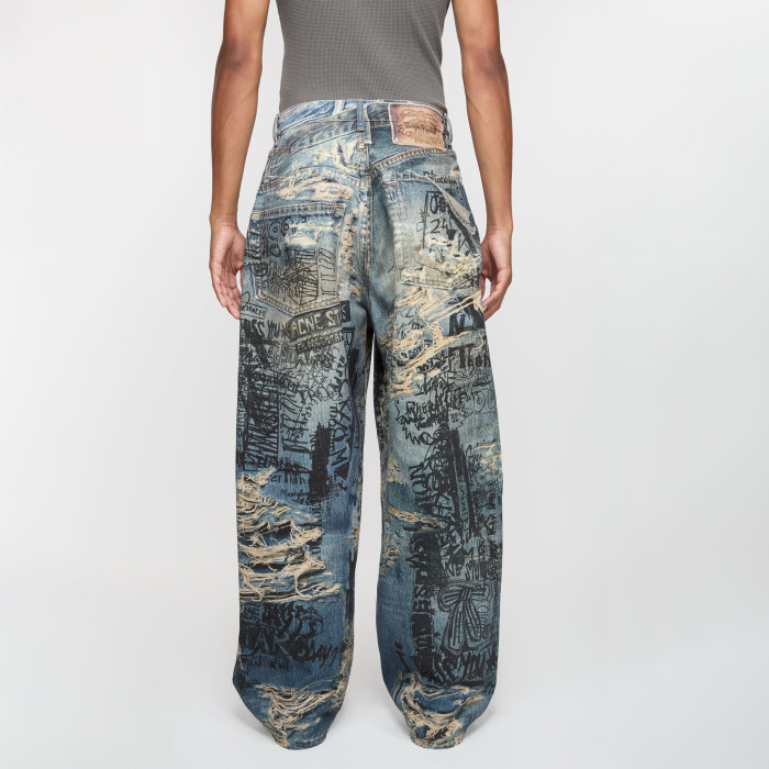 NIGO Acne Studios Men's Spring And Summer Ripped Graffiti Mise-en-scène Effect Print Denim Pants Super Loose Fit Jeans Fashion High Street Casual Blue Straight Trousers Ngvp #nigo1186