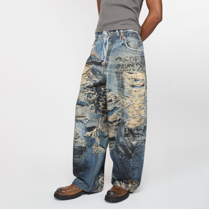 NIGO Acne Studios Men's Spring And Summer Ripped Graffiti Mise-en-scène Effect Print Denim Pants Super Loose Fit Jeans Fashion High Street Casual Blue Straight Trousers Ngvp #nigo1186