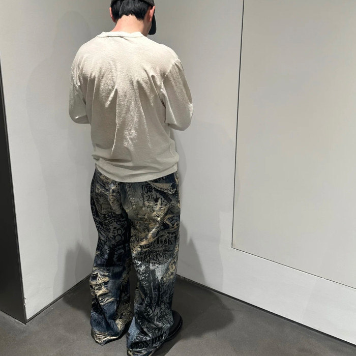 NIGO Acne Studios Men's Spring And Summer Ripped Graffiti Mise-en-scène Effect Print Denim Pants Super Loose Fit Jeans Fashion High Street Casual Blue Straight Trousers Ngvp #nigo1186