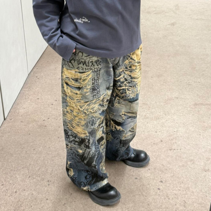 NIGO Acne Studios Men's Spring And Summer Ripped Graffiti Mise-en-scène Effect Print Denim Pants Super Loose Fit Jeans Fashion High Street Casual Blue Straight Trousers Ngvp #nigo1186