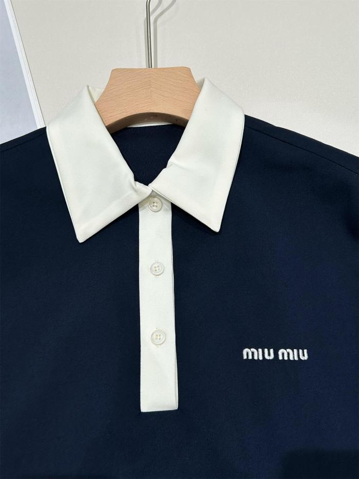 NIGO MiuMiu Women's Summer Solid Color Logo Embroidery Pleated Fine Sister Mini Short Sleeve Dress Short Dress #nigo75582