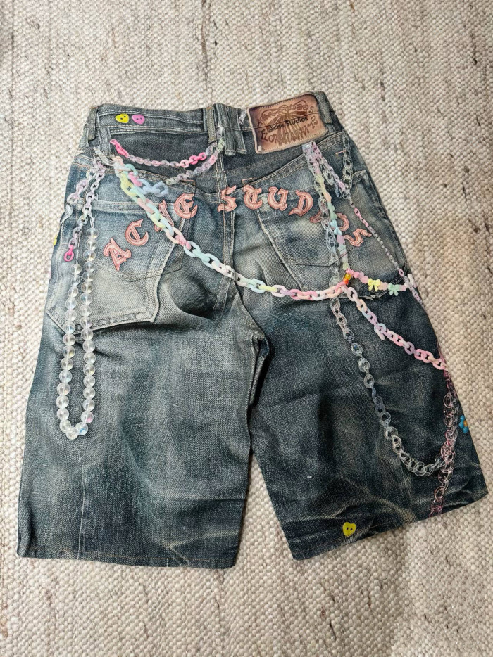 NIGO Acne Studios Men's Chain 3D Printed Summer Vintage Cotton Solid Color Loose Fit Denim Shorts Ngvp #nigo1223
