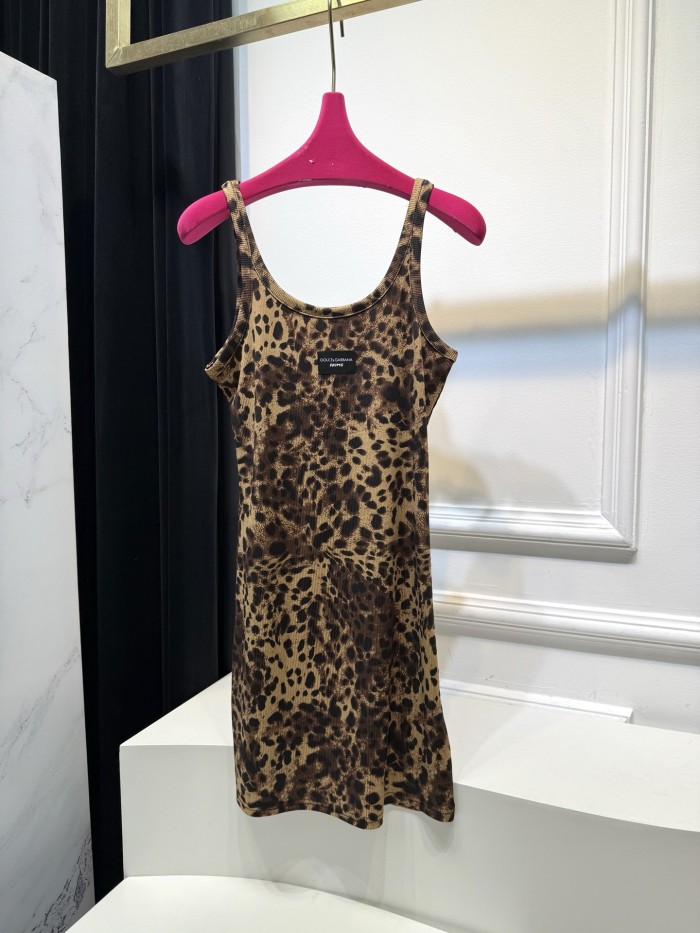 NIGO Dolce&Gabbana Women's Summer Ribbed Round Neck Slim Mini Halter Leopard Dresses #nigo75619
