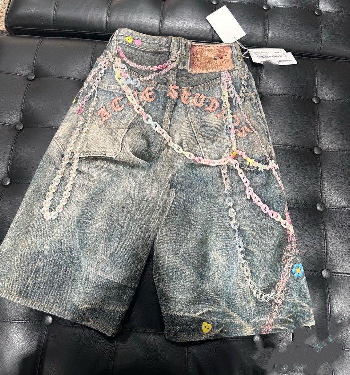 NIGO Acne Studios Men's Chain 3D Printed Summer Vintage Cotton Solid Color Loose Fit Denim Shorts Ngvp #nigo1223