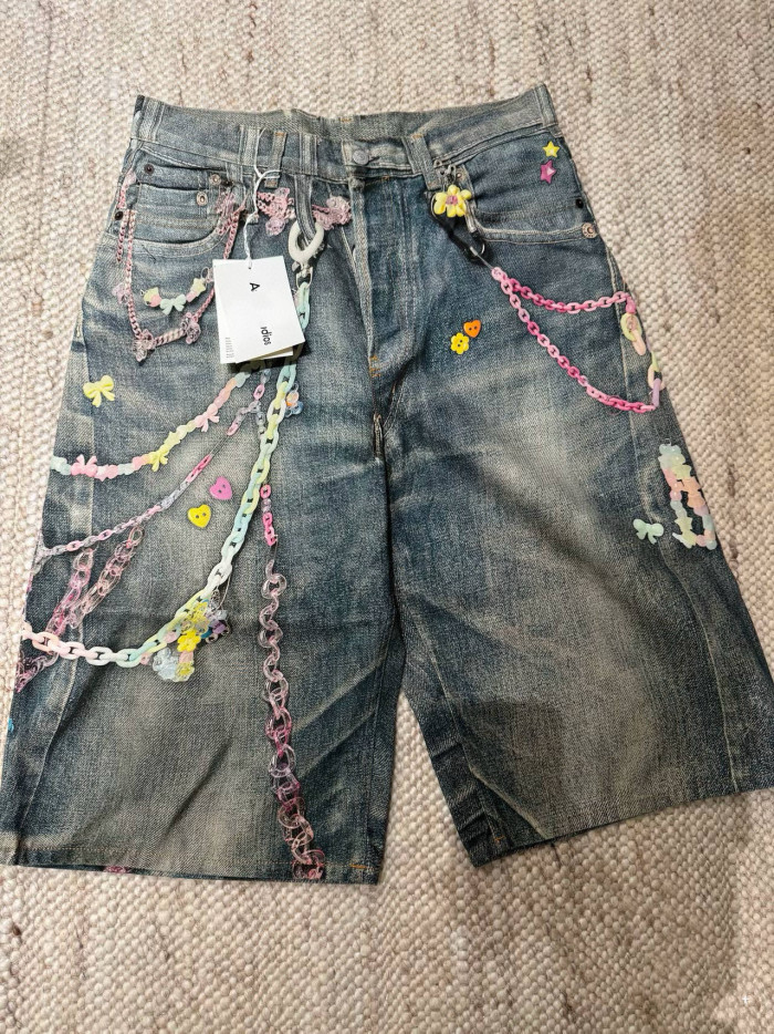 NIGO Acne Studios Men's Chain 3D Printed Summer Vintage Cotton Solid Color Loose Fit Denim Shorts Ngvp #nigo1223