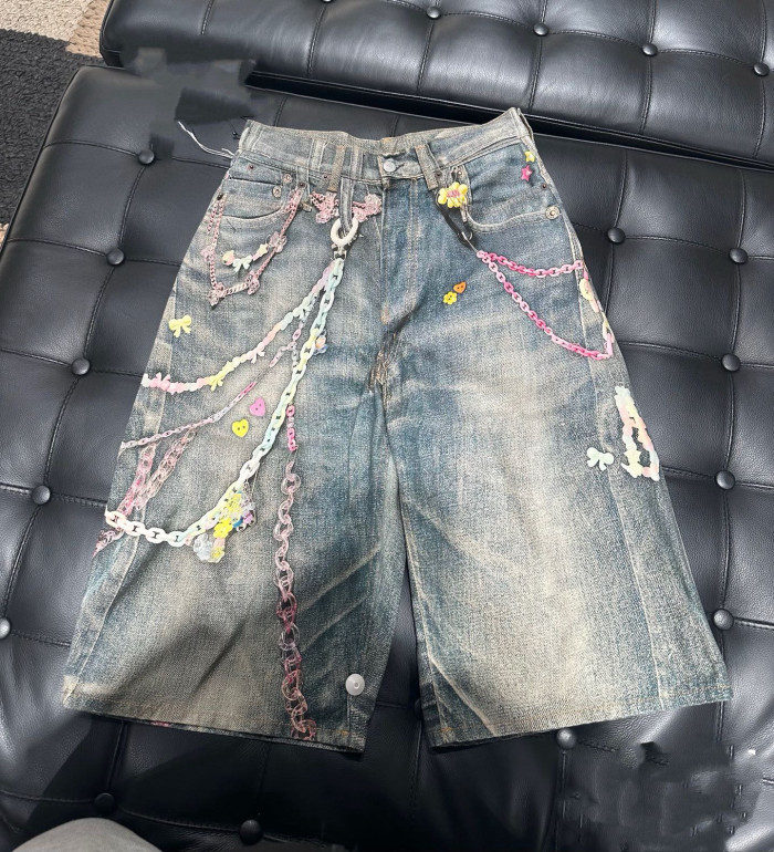 NIGO Acne Studios Men's Chain 3D Printed Summer Vintage Cotton Solid Color Loose Fit Denim Shorts Ngvp #nigo1223