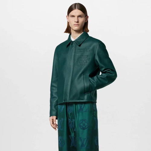 NIGO Louis Vuitton Men's Fall And Winter Green Retro Embossed Leather Long-sleeved Shirt Cowhide Jacket Fashion Trend Leisure Lapel Zipper Leather Jacket #nigo81126