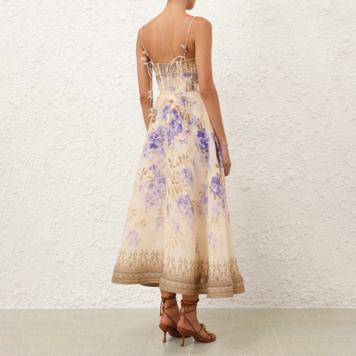 NIGO Zimmermann Dawning Picnic Dress Women's Spring And Summer Silk Linen Mid-length Dress Heart-shaped Neckline Spaghetti Straps Large Hem Dress Fashionable Temperament Elegant Luxury Dresses #nigo81131