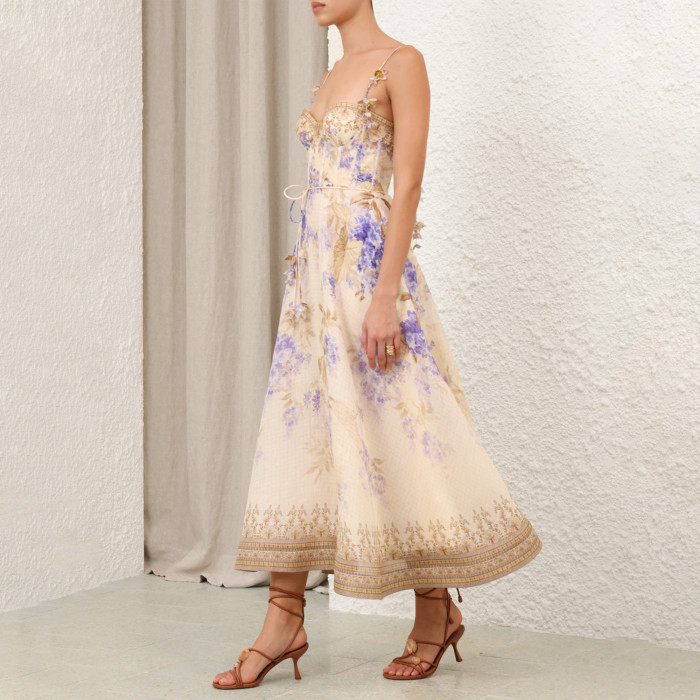 NIGO Zimmermann Dawning Picnic Dress Women's Spring And Summer Silk Linen Mid-length Dress Heart-shaped Neckline Spaghetti Straps Large Hem Dress Fashionable Temperament Elegant Luxury Dresses #nigo81131