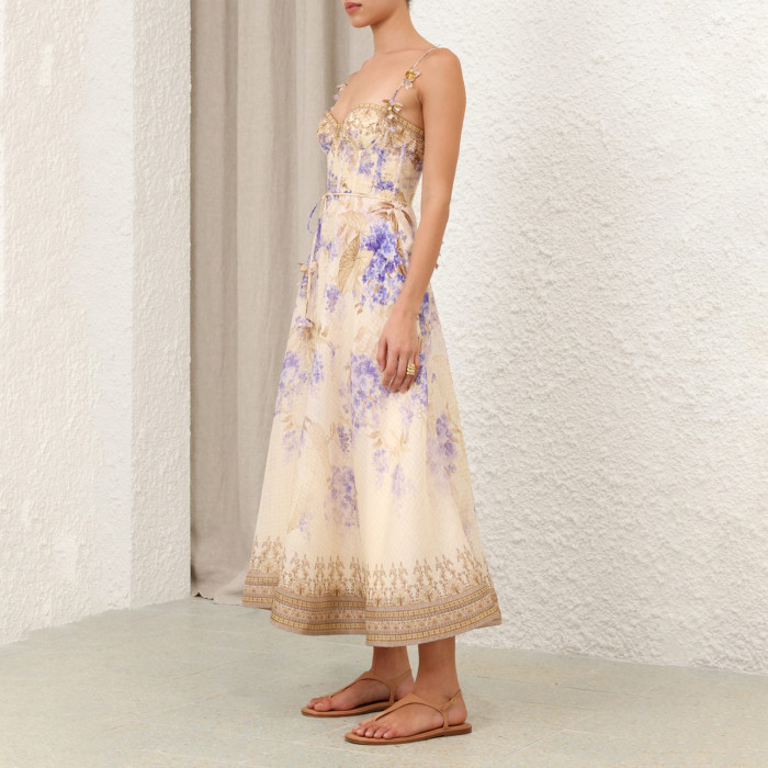 NIGO Zimmermann Dawning Picnic Dress Women's Spring And Summer Silk Linen Mid-length Dress Heart-shaped Neckline Spaghetti Straps Large Hem Dress Fashionable Temperament Elegant Luxury Dresses #nigo81131