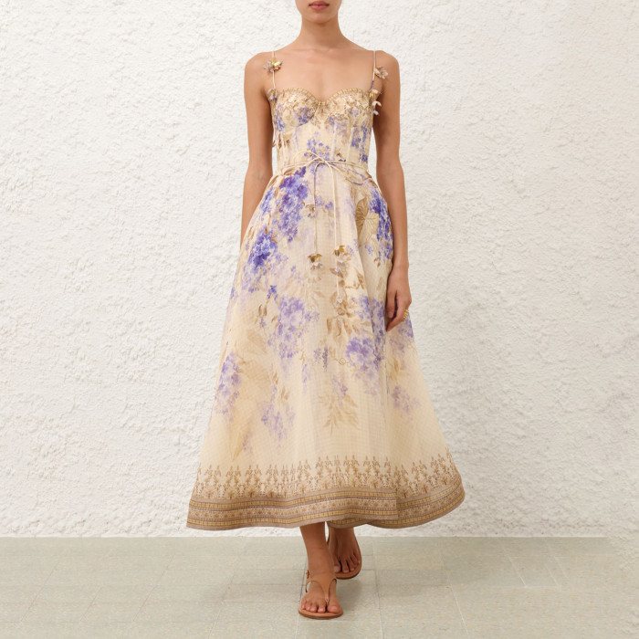 NIGO Zimmermann Dawning Picnic Dress Women's Spring And Summer Silk Linen Mid-length Dress Heart-shaped Neckline Spaghetti Straps Large Hem Dress Fashionable Temperament Elegant Luxury Dresses #nigo81131