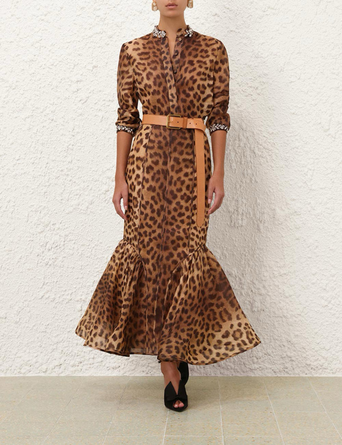NIGO Zimmermann Women's Spring and Summer Leopard Crystal Embellished Single Breasted Long Sleeve Shirt Slim Zipper Casual Long Skirt Set Suit #nigo75682