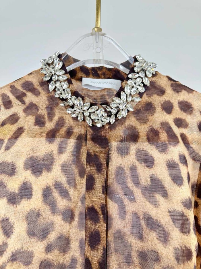 NIGO Zimmermann Women's Spring and Summer Leopard Crystal Embellished Single Breasted Long Sleeve Shirt Slim Zipper Casual Long Skirt Set Suit #nigo75682