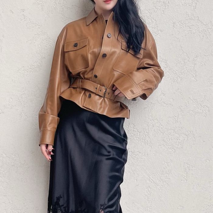 NIGO SAINT LAURENT Women's Fashion Luxury Temperament Leather Jacket Lace-up Short Jacket Lapel Long Sleeve Belt Slim Solid Colour Leather Jacket Ngvp #nigo1277