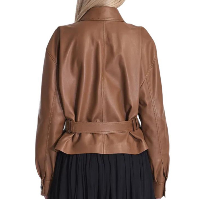 NIGO SAINT LAURENT Women's Fashion Luxury Temperament Leather Jacket Lace-up Short Jacket Lapel Long Sleeve Belt Slim Solid Colour Leather Jacket Ngvp #nigo1277
