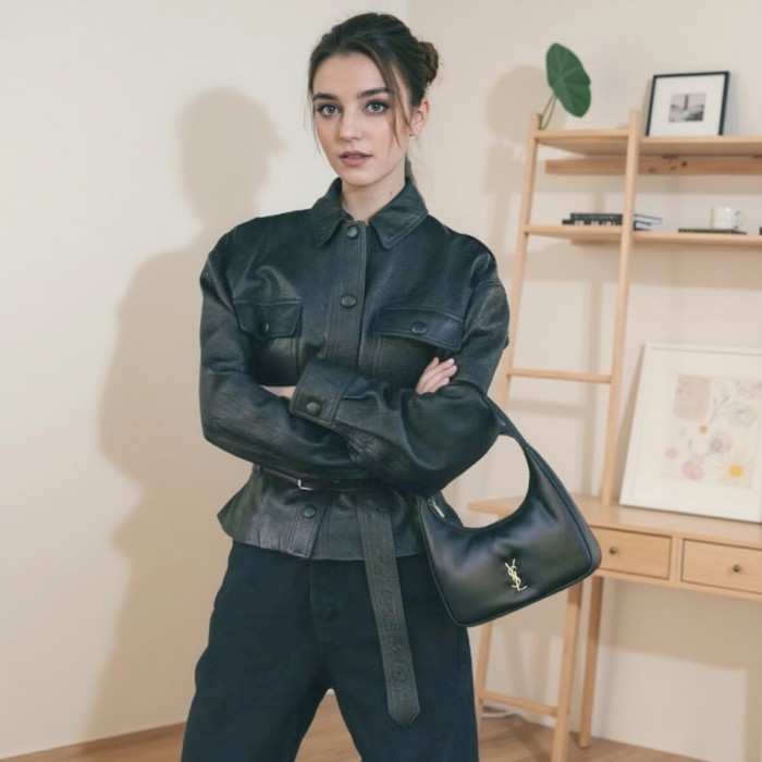 NIGO SAINT LAURENT Women's Fashion Luxury Temperament Leather Jacket Lace-up Short Jacket Lapel Long Sleeve Belt Slim Solid Colour Leather Jacket Ngvp #nigo1277