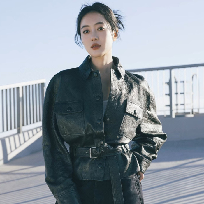 NIGO SAINT LAURENT Women's Fashion Luxury Temperament Leather Jacket Lace-up Short Jacket Lapel Long Sleeve Belt Slim Solid Colour Leather Jacket Ngvp #nigo1277