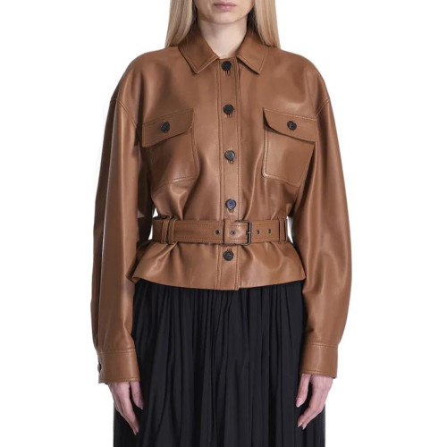 NIGO SAINT LAURENT Women's Fashion Luxury Temperament Leather Jacket Lace-up Short Jacket Lapel Long Sleeve Belt Slim Solid Colour Leather Jacket Ngvp #nigo1277
