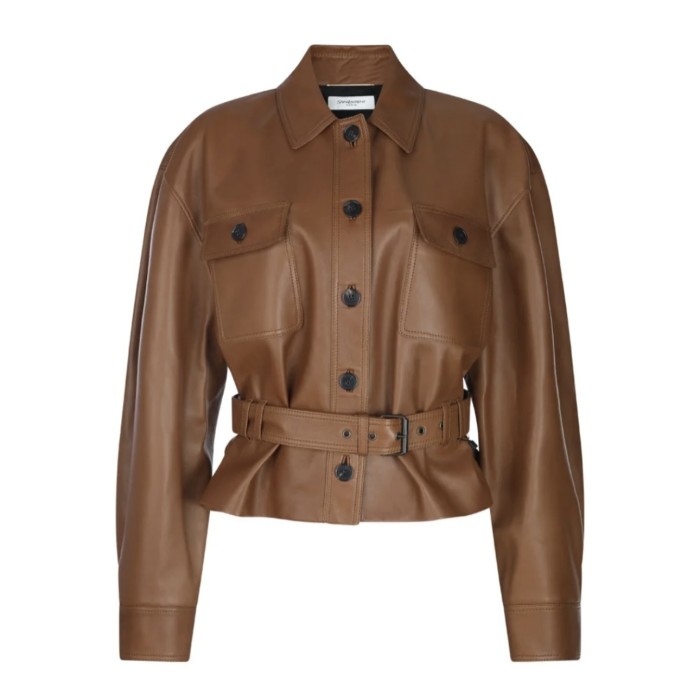 NIGO SAINT LAURENT Women's Fashion Luxury Temperament Leather Jacket Lace-up Short Jacket Lapel Long Sleeve Belt Slim Solid Colour Leather Jacket Ngvp #nigo1277