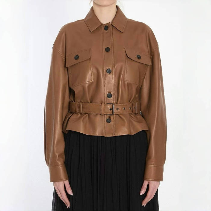 NIGO SAINT LAURENT Women's Fashion Luxury Temperament Leather Jacket Lace-up Short Jacket Lapel Long Sleeve Belt Slim Solid Colour Leather Jacket Ngvp #nigo1277