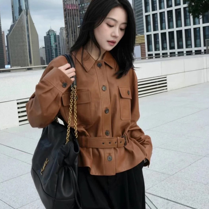 NIGO SAINT LAURENT Women's Fashion Luxury Temperament Leather Jacket Lace-up Short Jacket Lapel Long Sleeve Belt Slim Solid Colour Leather Jacket Ngvp #nigo1277