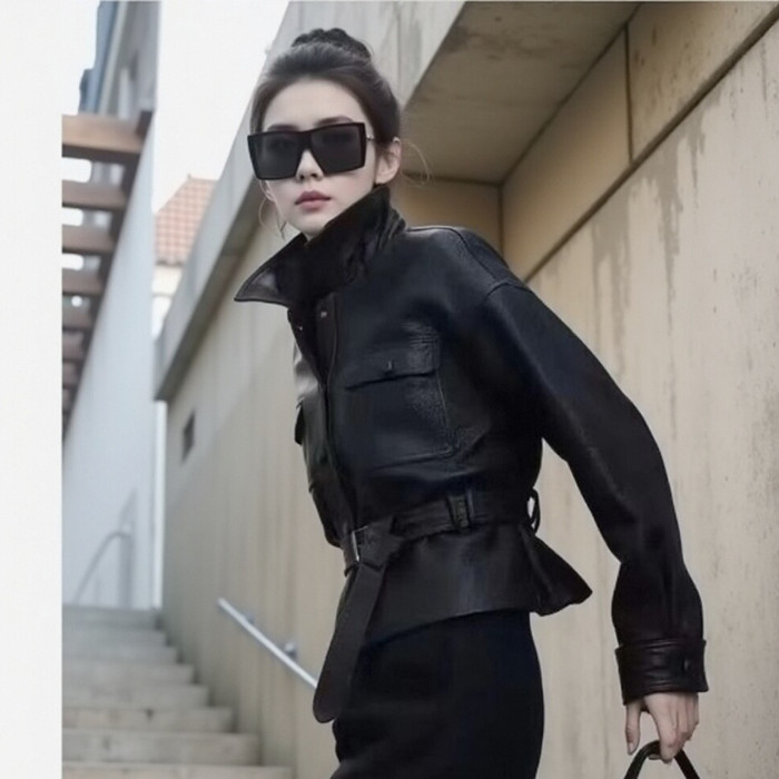 NIGO SAINT LAURENT Women's Fashion Luxury Temperament Leather Jacket Lace-up Short Jacket Lapel Long Sleeve Belt Slim Solid Colour Leather Jacket Ngvp #nigo1277