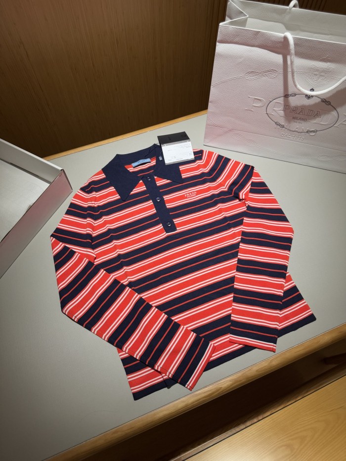 NIGO Prada Women's Spring/Summer Striped Polo-neck Letter-print Long-sleeve T-shirt #nigo75685