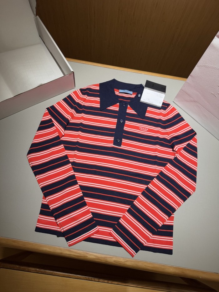 NIGO Prada Women's Spring/Summer Striped Polo-neck Letter-print Long-sleeve T-shirt #nigo75685