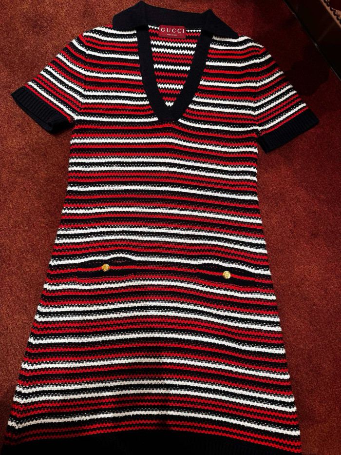 NIGO Gucci Women's Spring/Summer Red and Blue Striped V-neck Knit Short-sleeve Dress #nigo75687