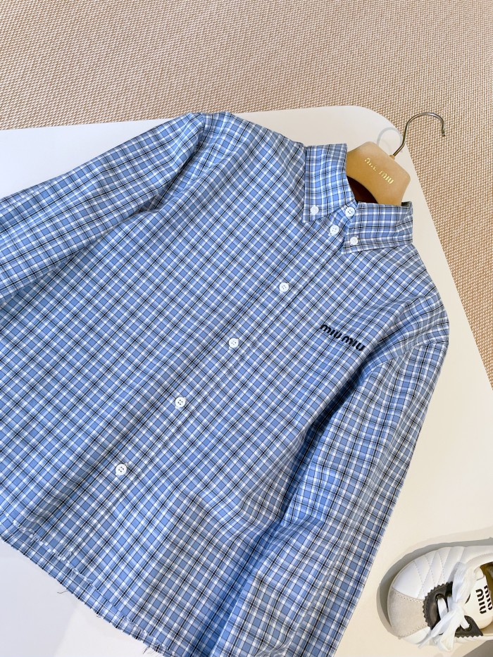 NIGO MiuMiu Women's Spring/Summer Blue Check Embroidered Letter Print Single Breasted Long Sleeve Shirt #nigo75714