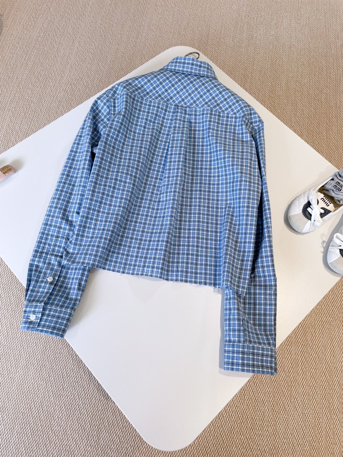 NIGO MiuMiu Women's Spring/Summer Blue Check Embroidered Letter Print Single Breasted Long Sleeve Shirt #nigo75714