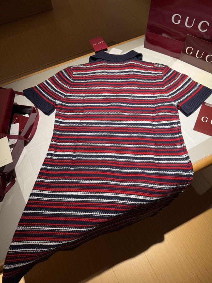 NIGO Gucci Women's Spring/Summer Red and Blue Striped V-neck Knit Short-sleeve Dress #nigo75687